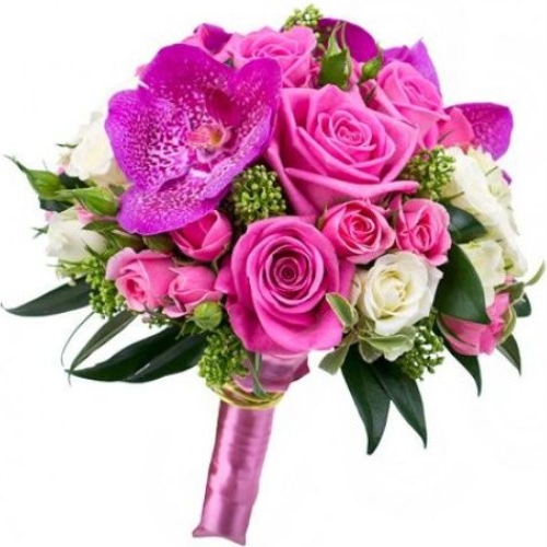 Bouquet of pink roses and orchids ― Floristik — flower delivery all over Ukraine