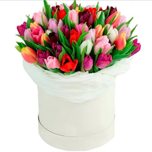 The box of colorful tulips ― Floristik — flower delivery all over Ukraine