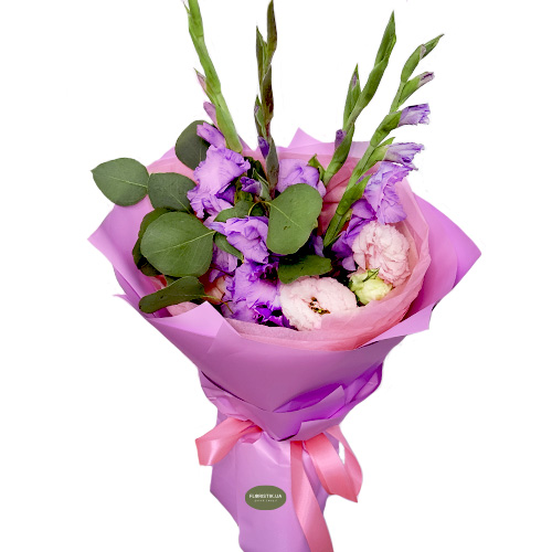 Bouquet of eustoma and purple gladioli ― Floristik — flower delivery all over Ukraine